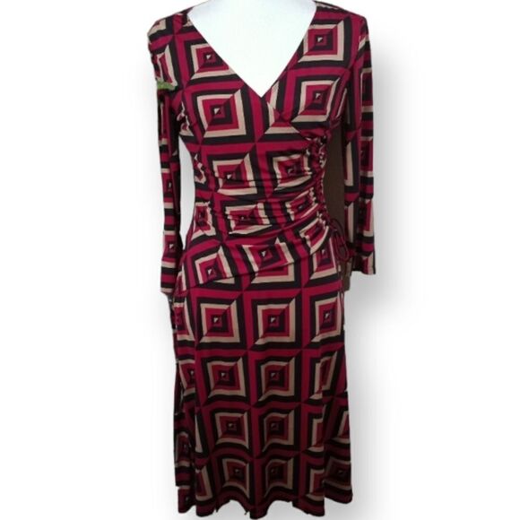 9 & CO. FAUX WRAP GEOMETRIC RASPBERRY DRESS SZ.6 EUC - Picture 1 of 5